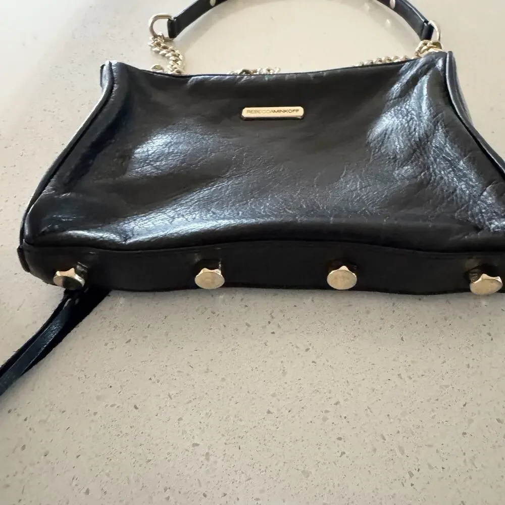 Rebecca Minkoff Black Soft Leather Zip Crossbody Gold Chain Strap Studs Club - Picture 5 of 9